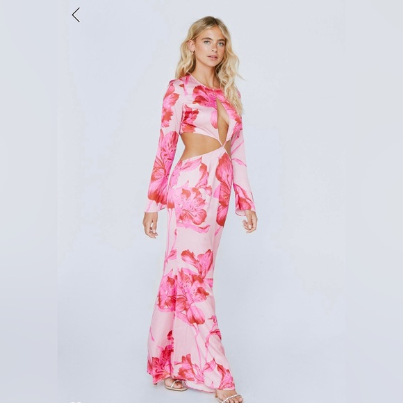 Satin Floral Print Cut-out Midi Dress - Picture 4 of 4